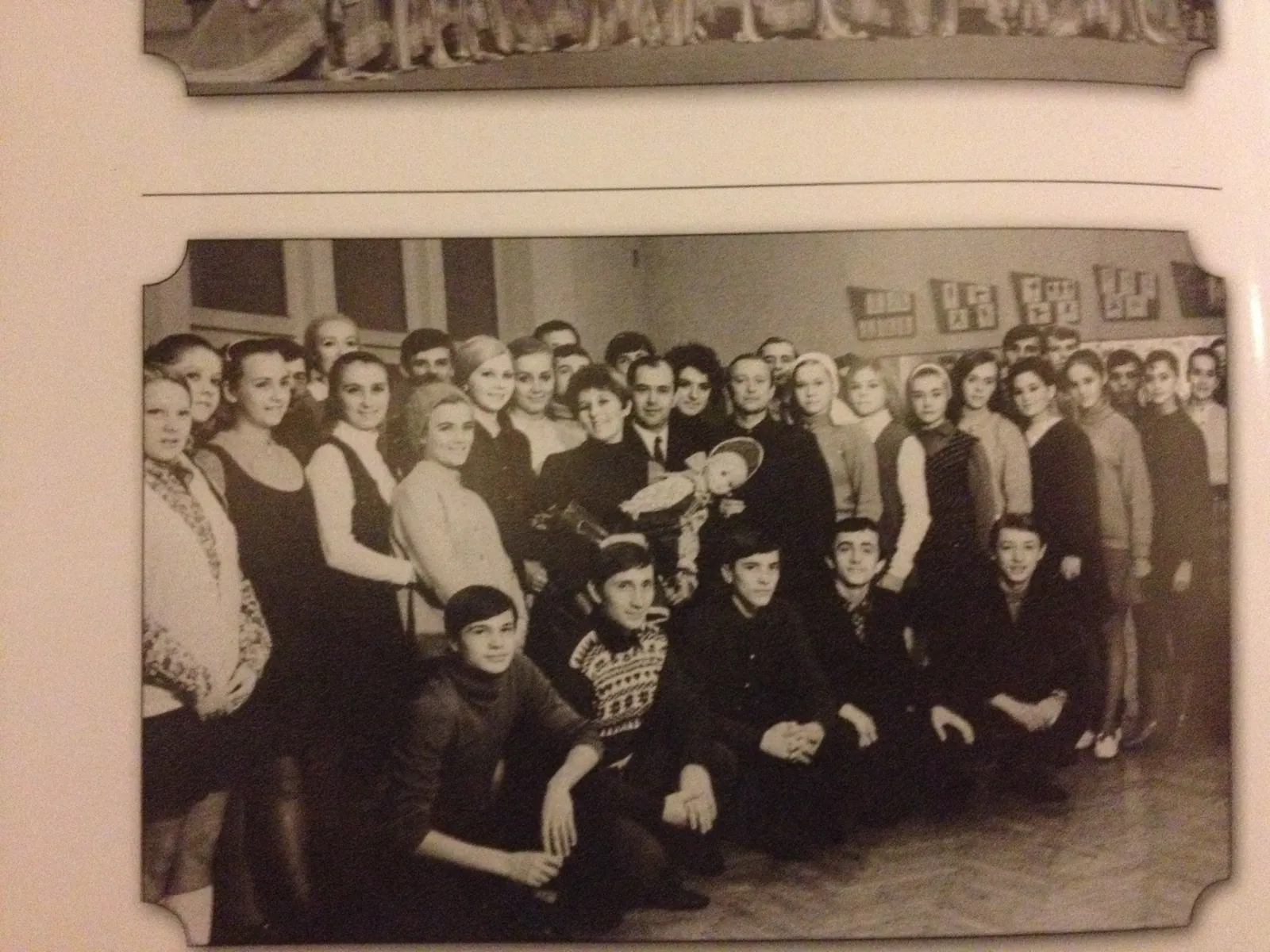 An archival black-and-white group photo of young Yunist ensemble dancers